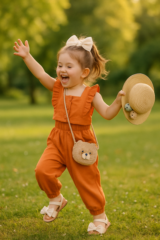 Toddler wearing co-ord ruffle top and pants set