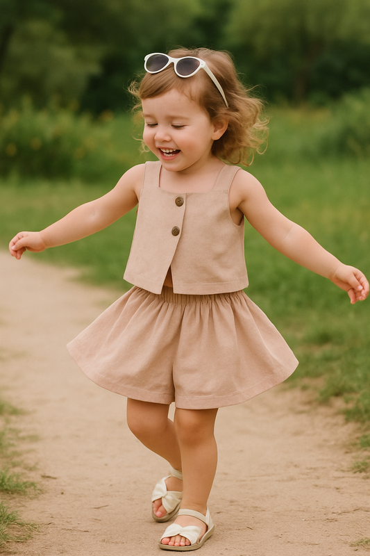 walking outdoors on a dirt path wearing white sandals and sunglasses.