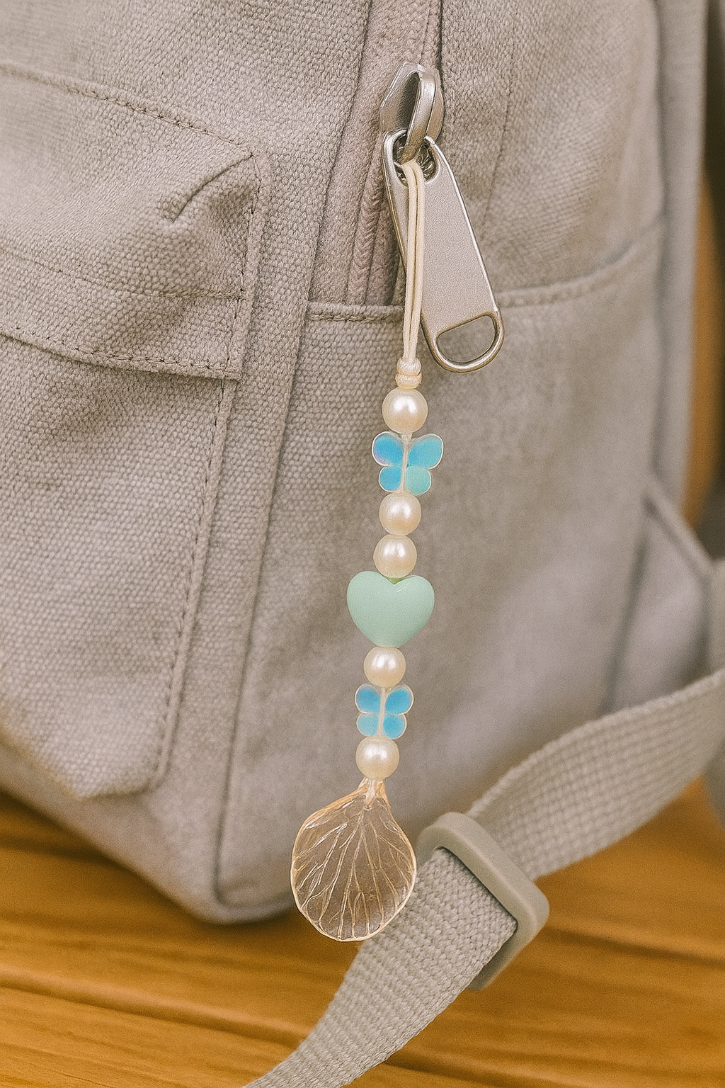 Aesthetic Beaded Phone Charm with Pearls, Butterfly Beads & Leaf Pendant – Cute Mobile Strap for Girls