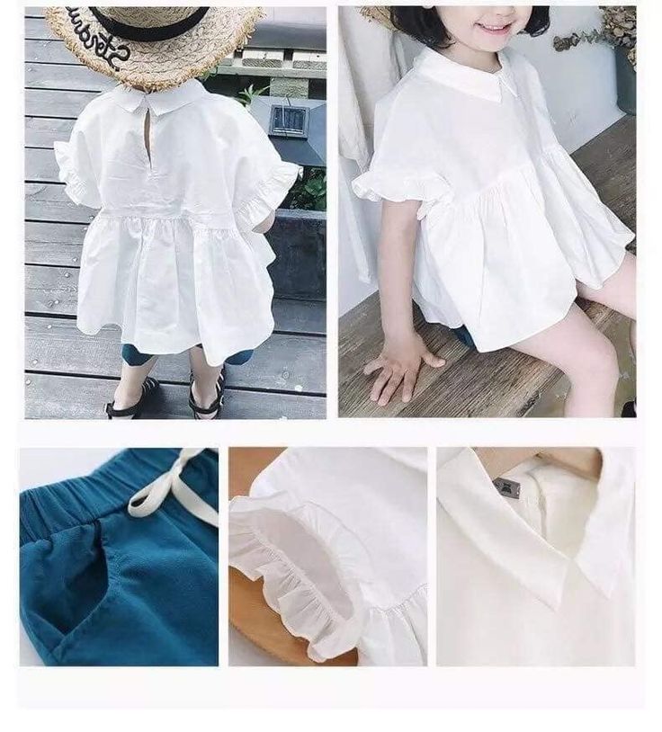 White cotton ruffle-sleeve top paired with dark blue shorts