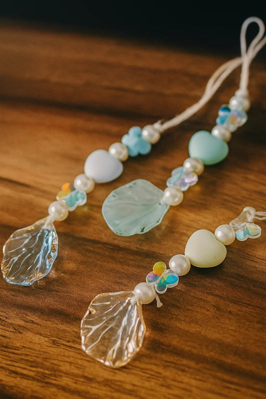 Aesthetic Beaded Phone Charm with Pearls, Butterfly Beads & Leaf Pendant – Cute Mobile Strap for Girls