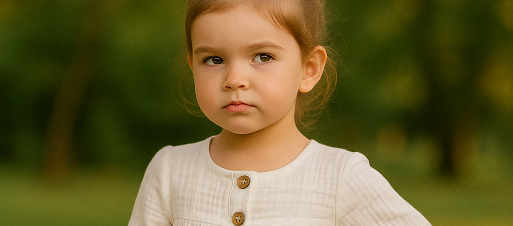A confident little girl standing outdoors, wearing a cream-colored cotton top with wooden buttons and matching shorts, styled with a neat bun hairstyle.