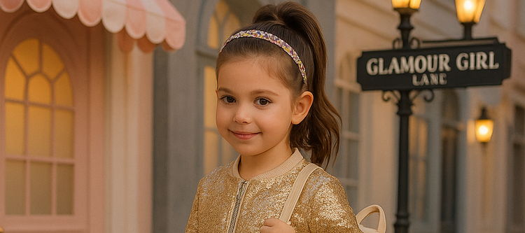 A stylish young girl wearing a sparkly gold jacket, peach tulle skirt, and silver sneakers, standing confidently on a charming city street with a backpack.
