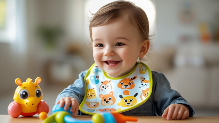 Smiling toddler wearing a pastel pink bib with cute bunny, rainbow, cupcake, and flower prints, seated in a wooden high chair, ready for a meal.