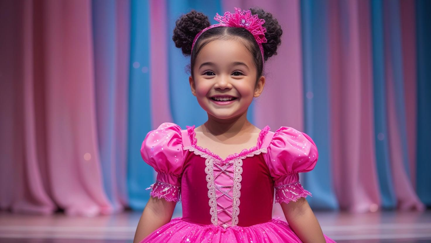 A smiling little girl wearing a light pink sleeveless dress with a large sparkly pink bow headband, standing in front of a floral background and vintage mirror.