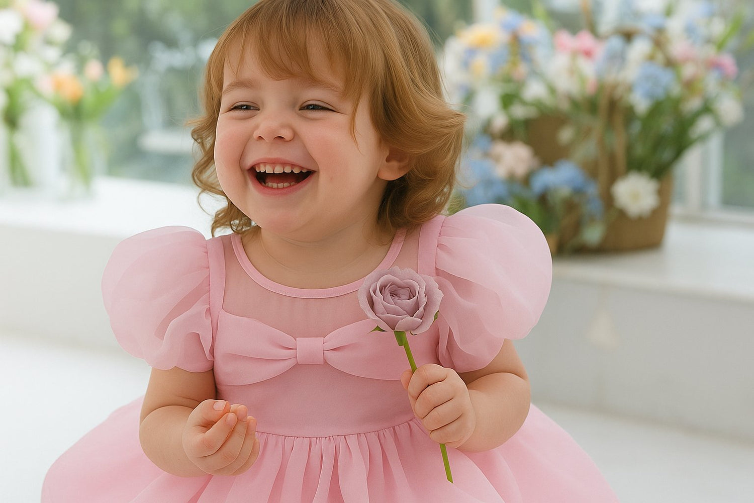 A happy little girl wearing a puffy pink dress with puff sleeves and a bow, holding a flower and smiling brightly in a light-filled room.