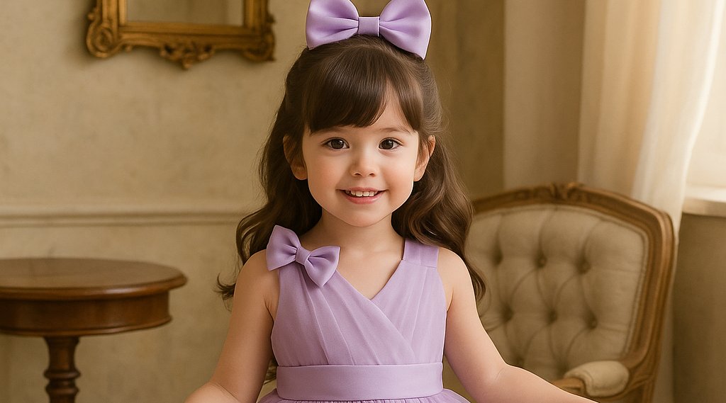 A young girl in a soft pink princess gown standing gracefully in a classic white room with elegant decor, wearing a bow hair clip and looking sideways.