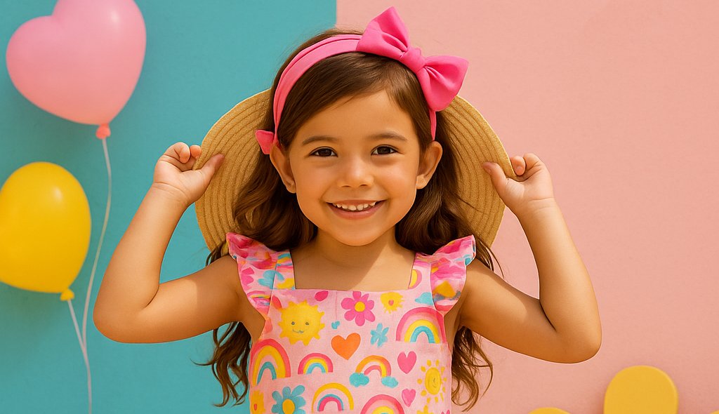 Smiling little girl in a white ruffle top and wide-leg pants, wearing a sunhat and sandals, posing playfully in a soft pastel setting – part of the Mini Miss Barbie collection.