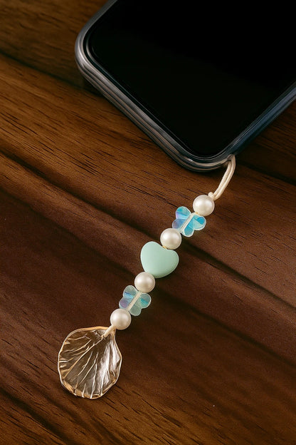 Aesthetic Beaded Phone Charm with Pearls, Butterfly Beads & Leaf Pendant – Cute Mobile Strap for Girls