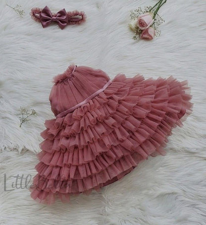 Elegant Ruffled Tulle Baby Girl Dress with Matching Headband – Dusty Rose