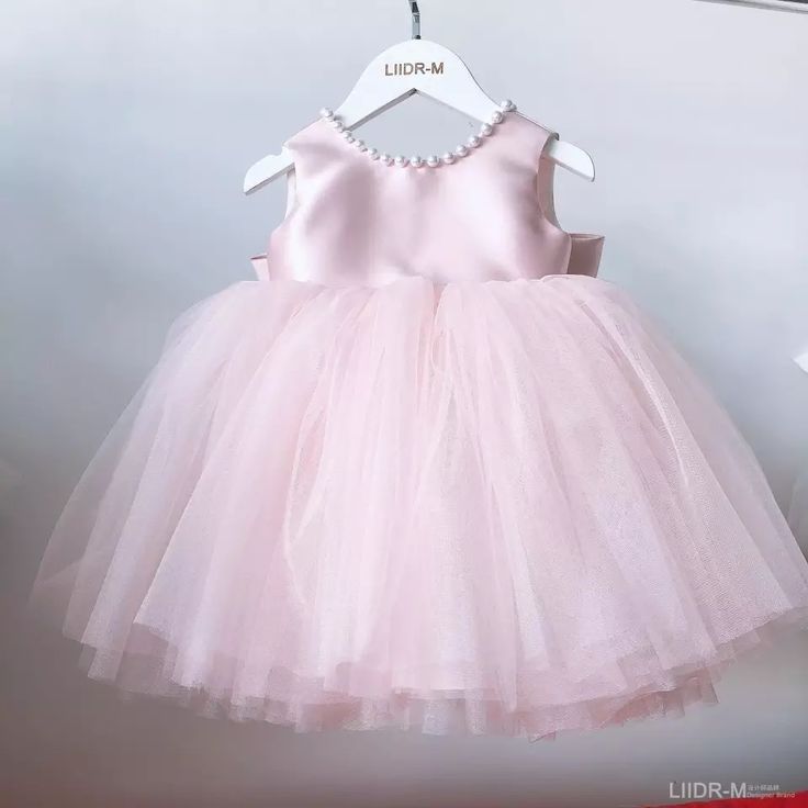 Elegant baby pink tutu dress with pearl neckline for girls
