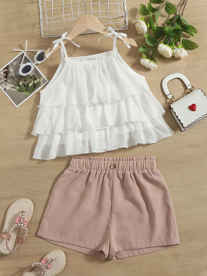 Baby girl outfit with frilly top and shorts

