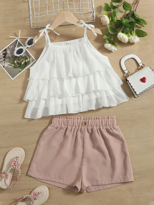 Baby girl outfit with frilly top and shorts

