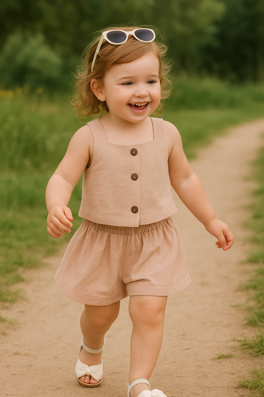 Smiling toddler girl in a sleeveless beige buttoned top and matching shorts