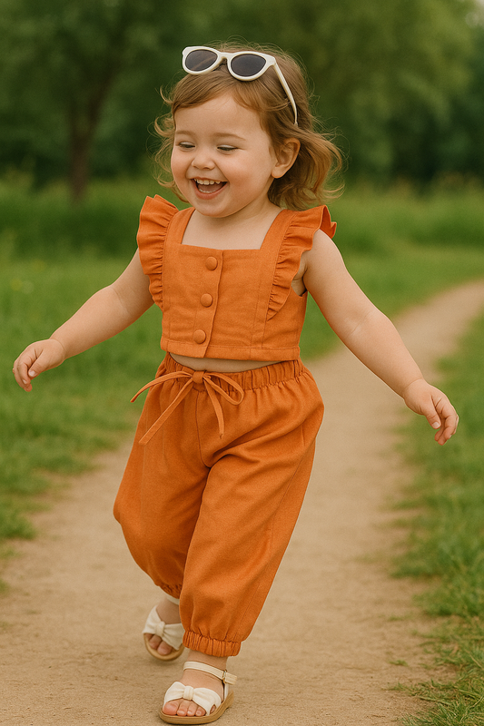 Baby girl in rust orange ruffle outfit smiling outdoors
