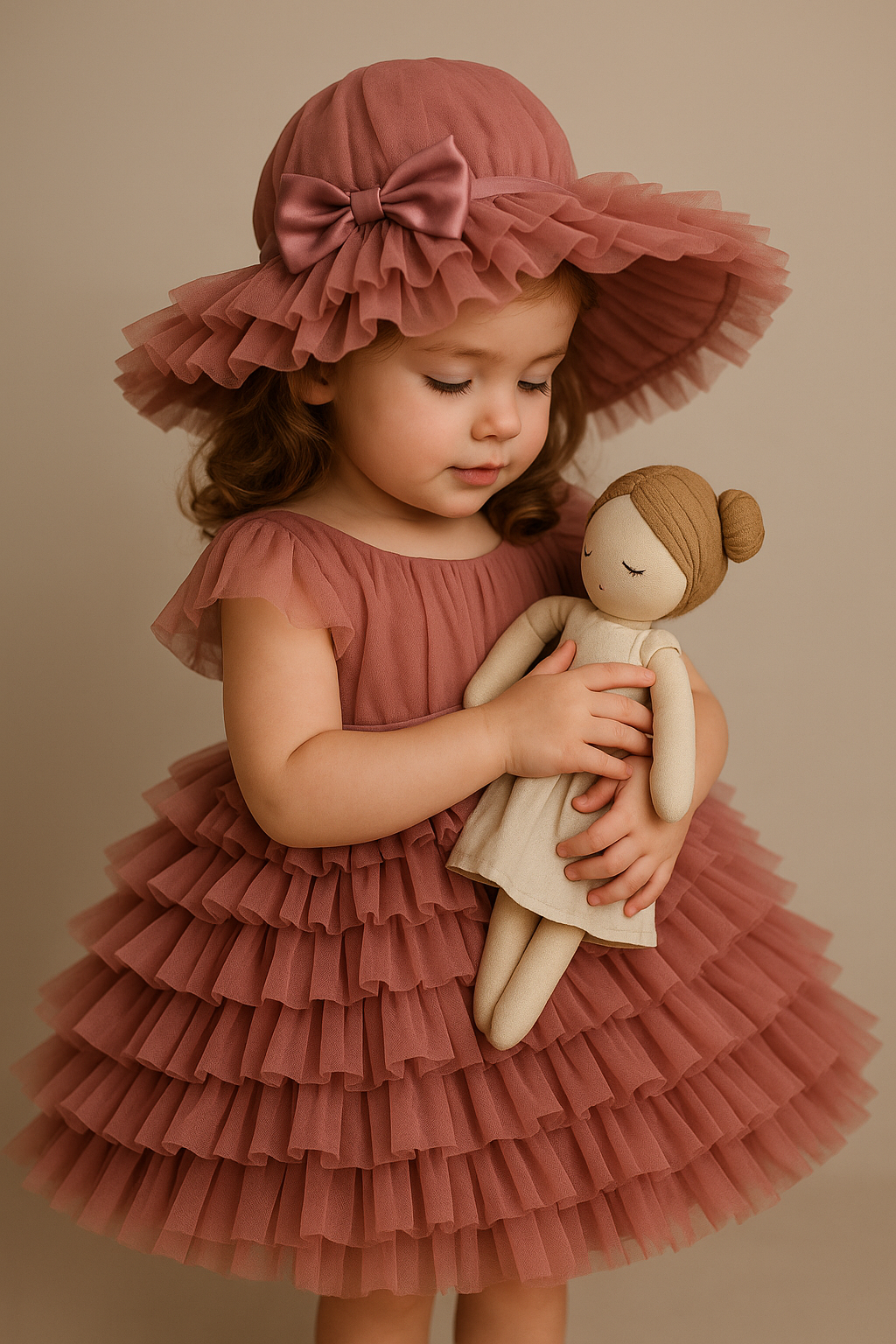 Elegant Ruffled Tulle Baby Girl Dress with Matching Headband – Dusty Rose