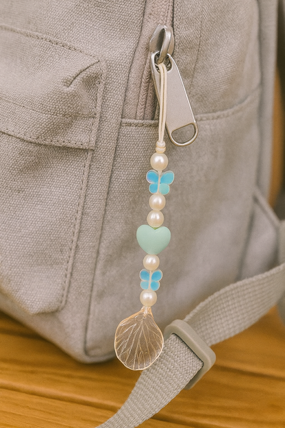 Aesthetic Beaded Phone Charm with Pearls, Butterfly Beads & Leaf Pendant – Cute Mobile Strap for Girls