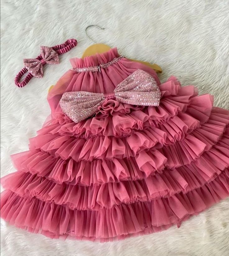 Elegant Ruffled Tulle Baby Girl Dress with Matching Headband – Dusty Rose