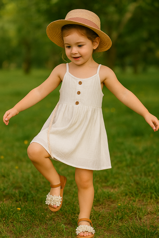 Happy toddler girl in a white sleeveless summer dress with wooden buttons