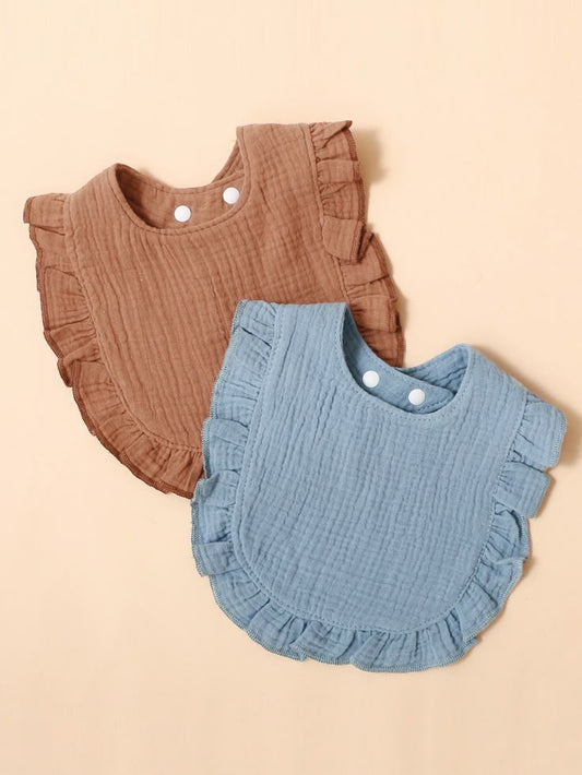 Brown and blue ruffled baby bibs with snap buttons
