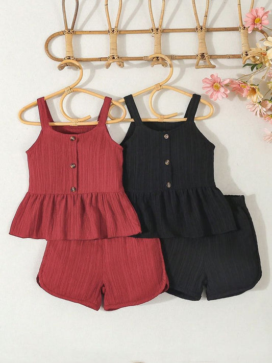 Stylish red and black two-piece summer outfits for toddler girls with sleeveless top and shorts