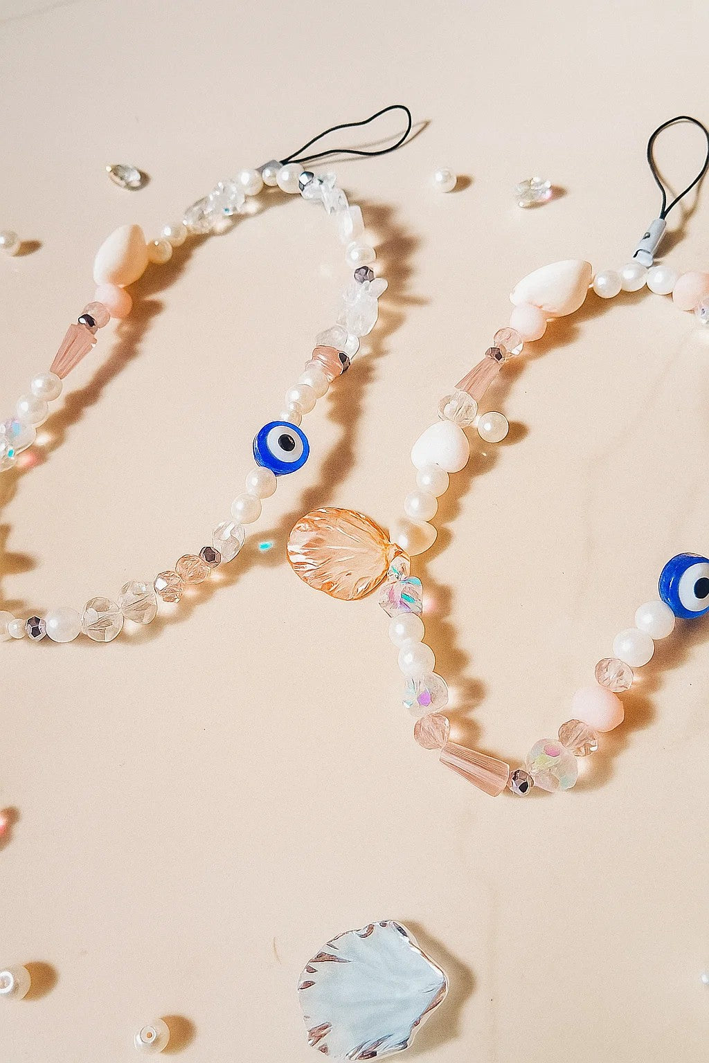 Evil Eye Beaded Phone Charm – Aesthetic Pearl & Crystal Mobile Strap