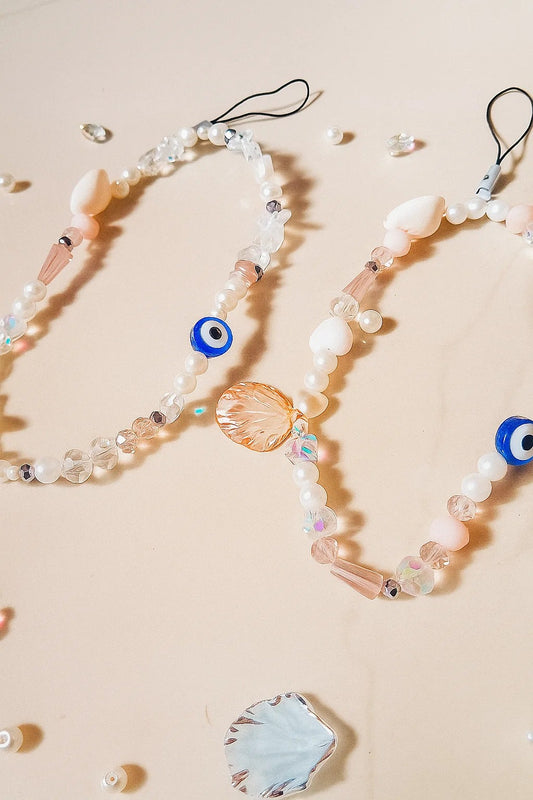 Evil Eye Beaded Phone Charm – Aesthetic Pearl & Crystal Mobile Strap