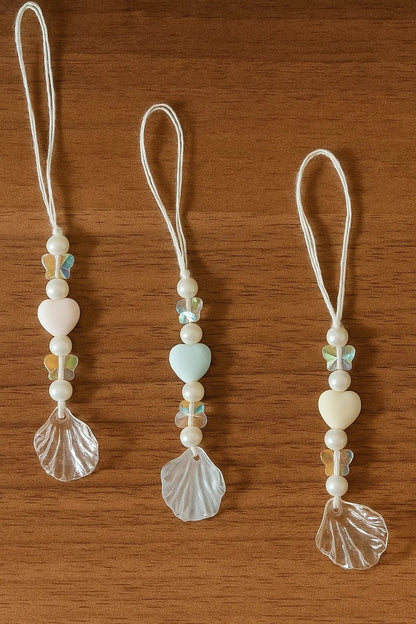 Aesthetic Beaded Phone Charm with Pearls, Butterfly Beads & Leaf Pendant – Cute Mobile Strap for Girls